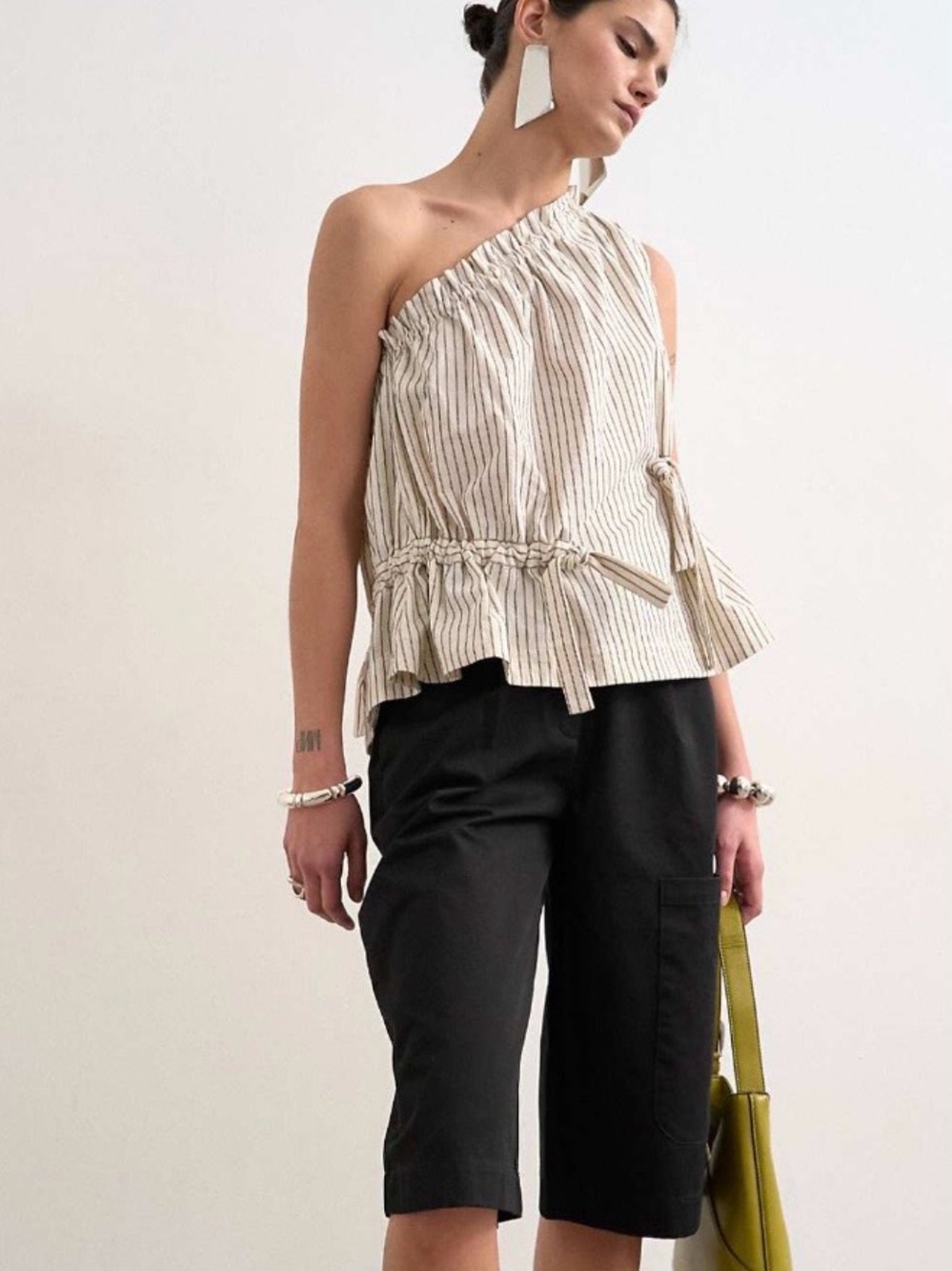 Topshop One-Shoulder Striped Ruffle Camisole in Cream and Black